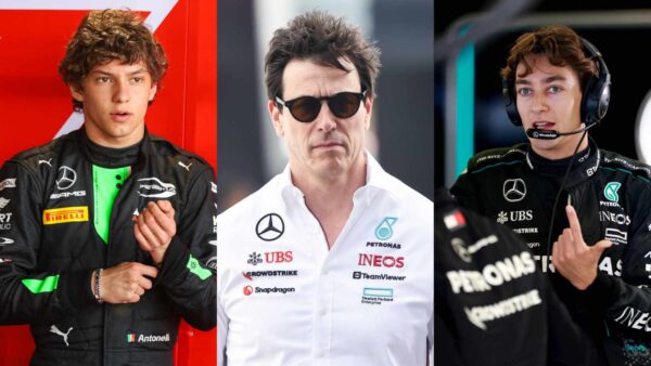 Andrea Kimi Antonelli, Toto Wolff and George Russell