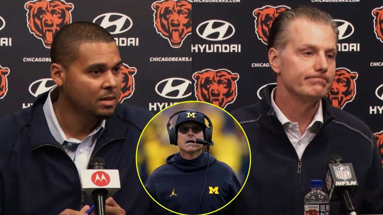 WATCH: Matt Eberflus has a BLAND reaction to Ryan Poles being quizzed about Jim Harbaugh despite Bears extending the HC’s tenure