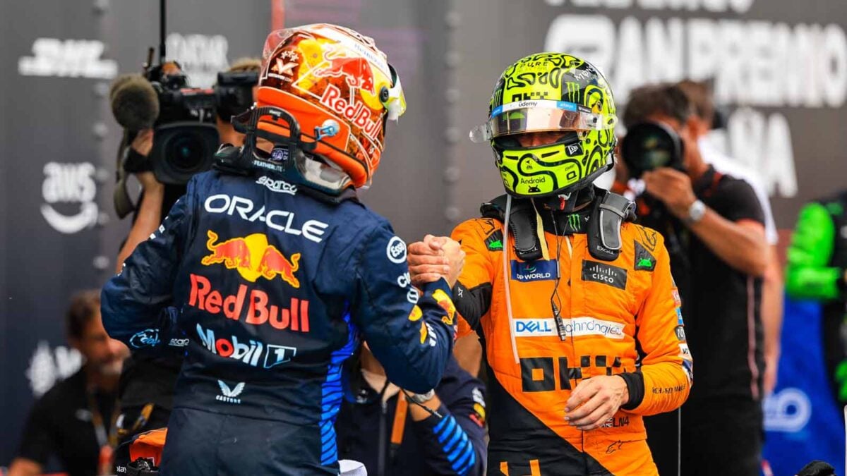 Max Verstappen and Lando Norris shaking hands (via Formula 1)