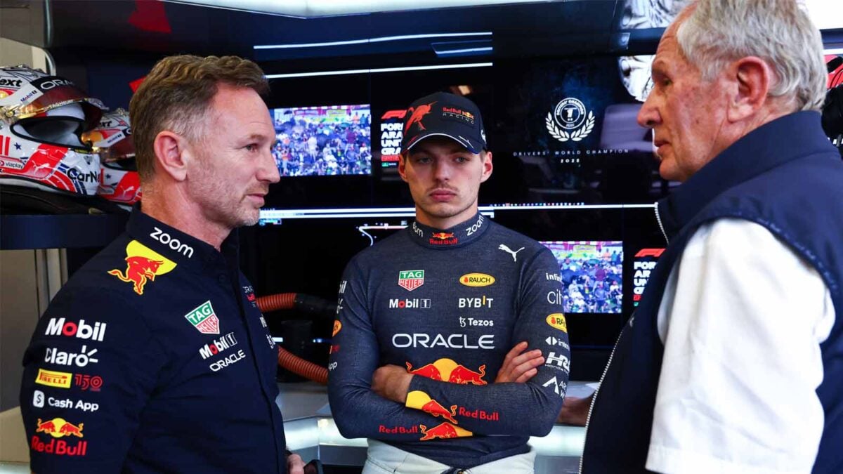 Max Verstappen, Christian Horner and Helmut Marko (via BILD)