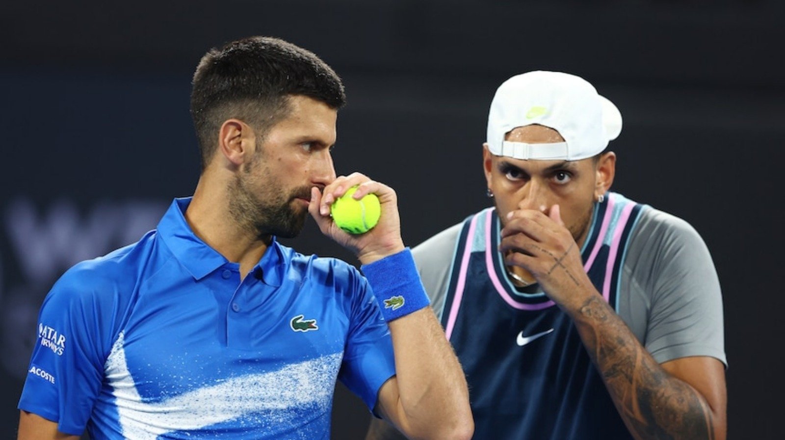 “It’s a pleasure,” Novak Djokovic celebrates with Nick Kyrgios after winning their debut doubles match in Brisbane